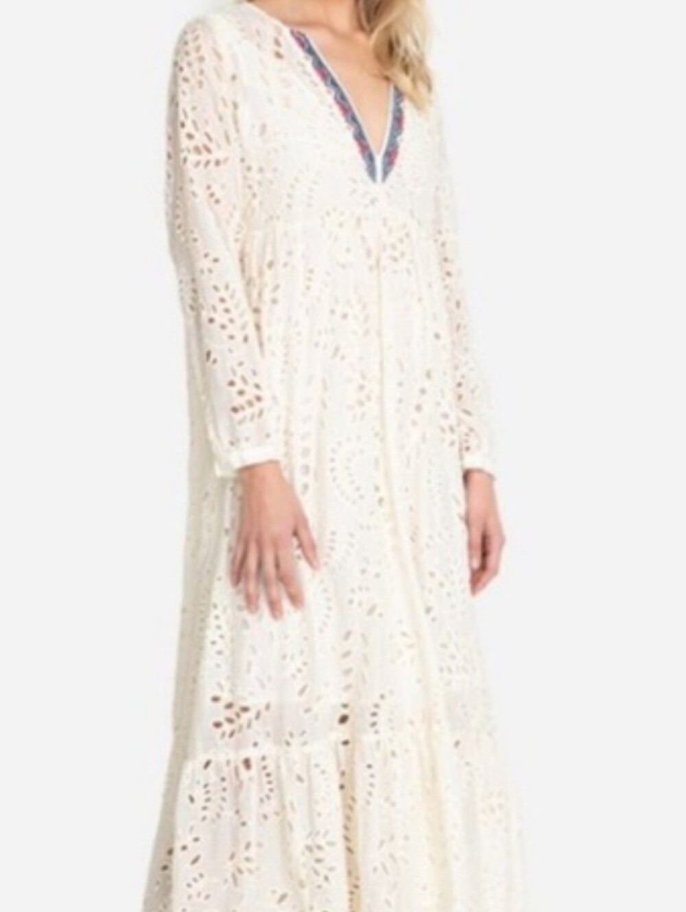 JOHNNY WAS 'JADE' Boho Eyelet Dress White/Ivory with Embroidered V-Neck Sz Lg